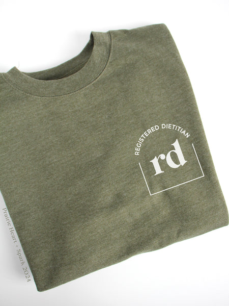 Cred Arch: RD on Heather Army Green sweatshirt