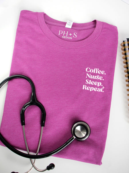 Coffee. Nurse. Sleep. Repeat. on Heather Magenta short sleeve tee