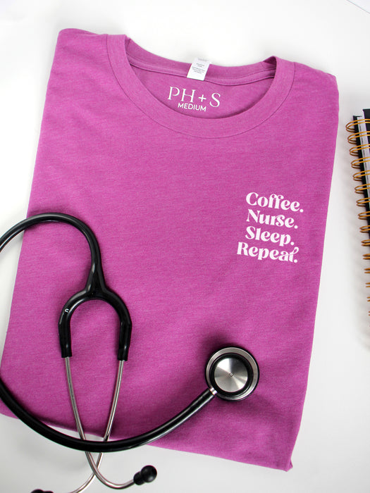 Coffee. Nurse. Sleep. Repeat. on Heather Magenta short sleeve tee