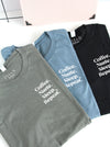 Heather Military Green, Heather Slate, Black short sleeve tees.