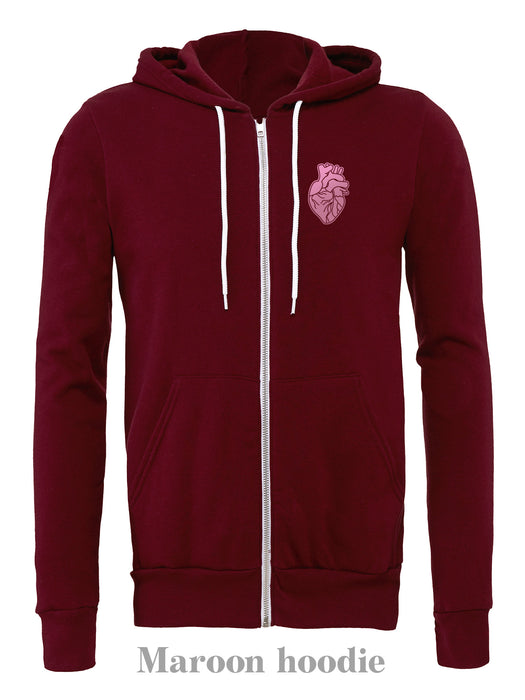 HEART-ology: Rose Gold on a Maroon zip up hoodie