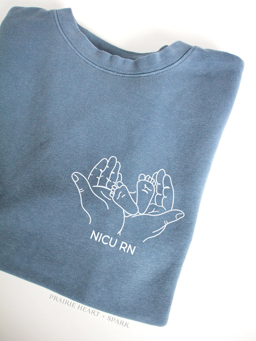 Preemie Love: "Baby Feet Love" on Slate Blue sweatshirt with customized creds