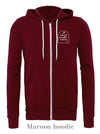 MHM Arch on a Maroon zip up hoodie