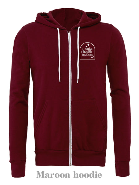 MHM Arch on a Maroon zip up hoodie