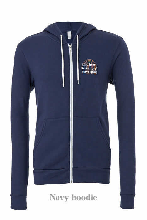 Kind Fierce Brave: Copper arch for Navy hoodie