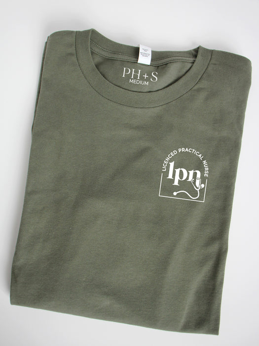 Cred Arch: LPN on Military Green long sleeve