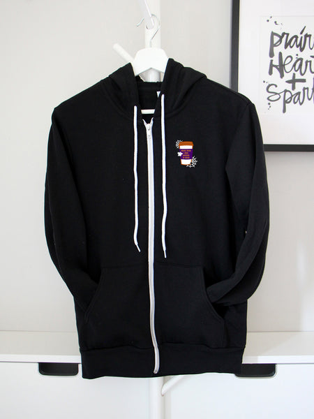 Hocus Pocus Caffeine on a Black zip up hoodie