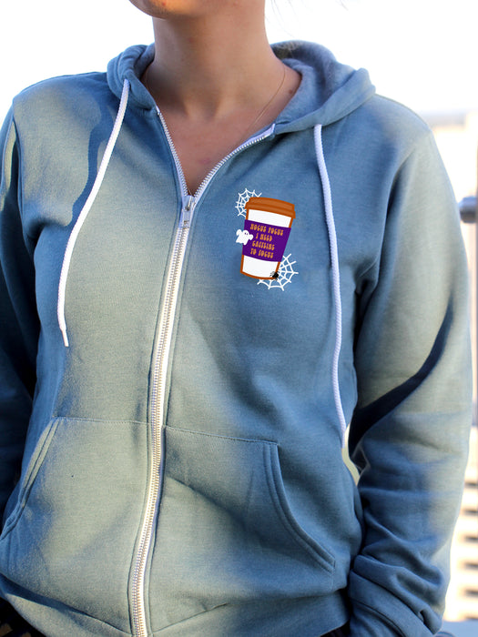 Hocus Pocus Caffeine on a Heather Slate zip up hoodie