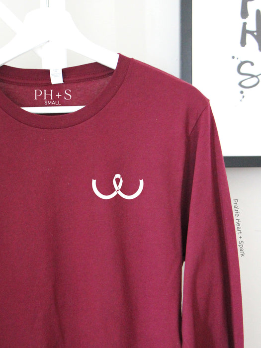 White 'Breast Cancer ribbon' on Maroon long sleeve