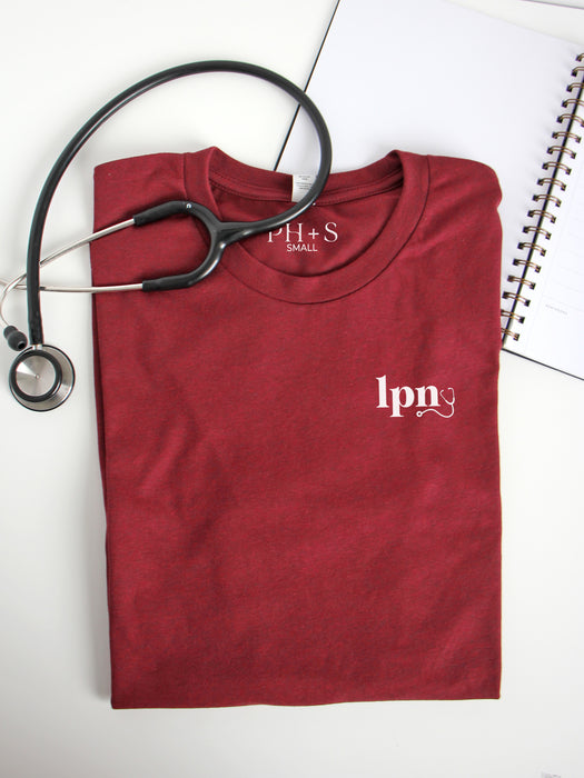 nursescope "LPN" on Heather Cardinal short sleeve tee