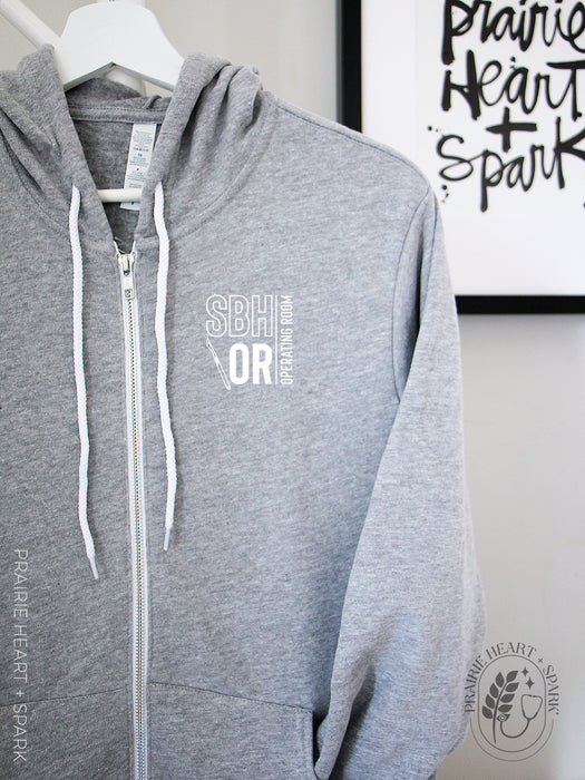 PH+S: St. Boniface Hospital O.R. - Athletic Grey zip up hoodie