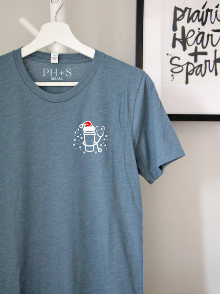 Holiday Essentials - Cup + Stethoscope on a Heather Slate short sleeve tee