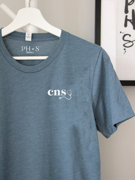 nursescope - "CNS" on Heather Slate short sleeve tee