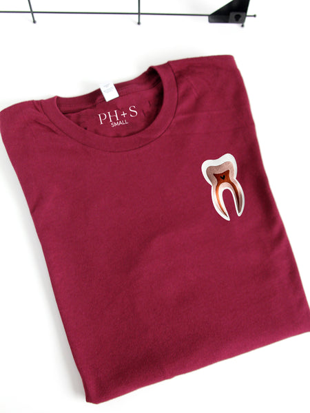 Tooth Anatomy on a Maroon long sleeve shirt