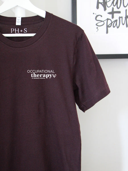 'Occupational Therapy Heart with SBH' on Burgundy Black tee