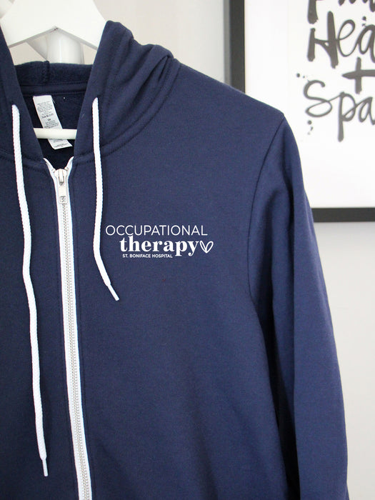 'Occupational Therapy Heart with SBH' on Navy zip up hoodie