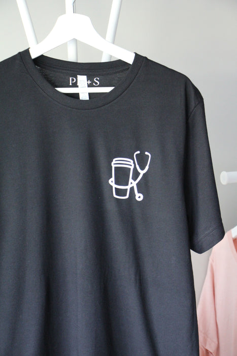 Essentials Cup + Stethoscope on Black tee