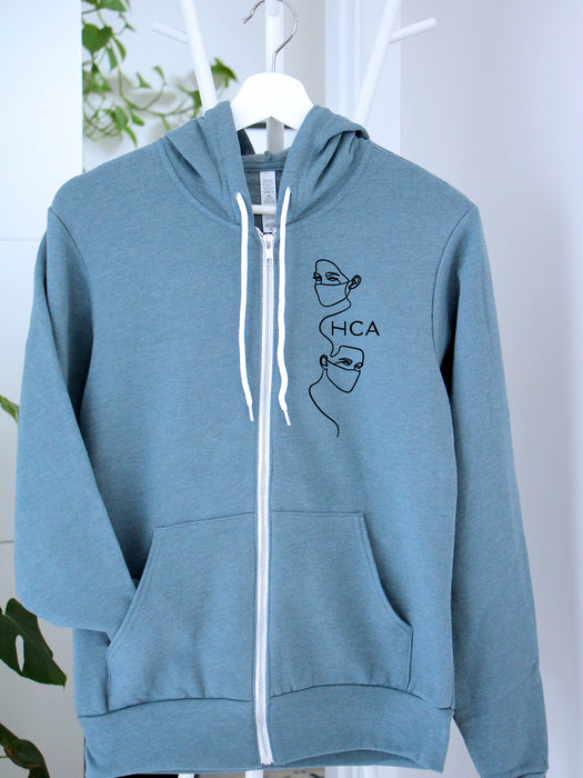 Frontliners: Black with customized "HCA" on Heather Slate hoodie