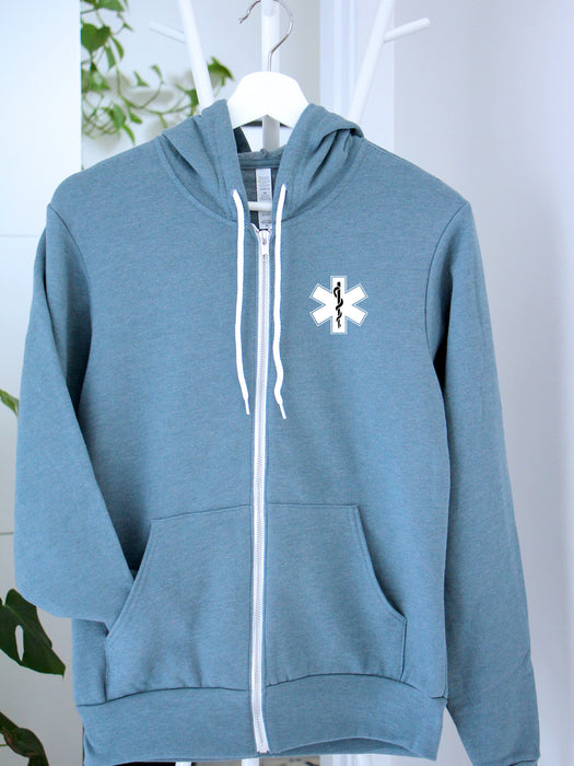 EMS Star: Black colour rod on a Heather Slate zip up hoodie