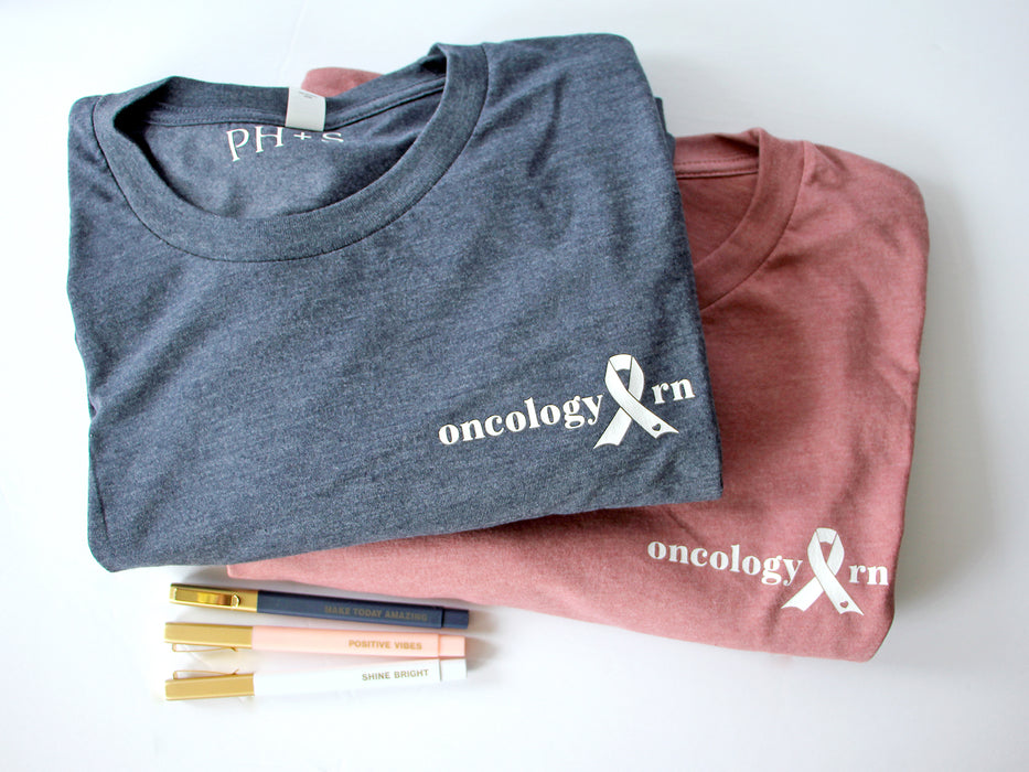 Oncology RN on Heather Navy & Heather Mauve tees